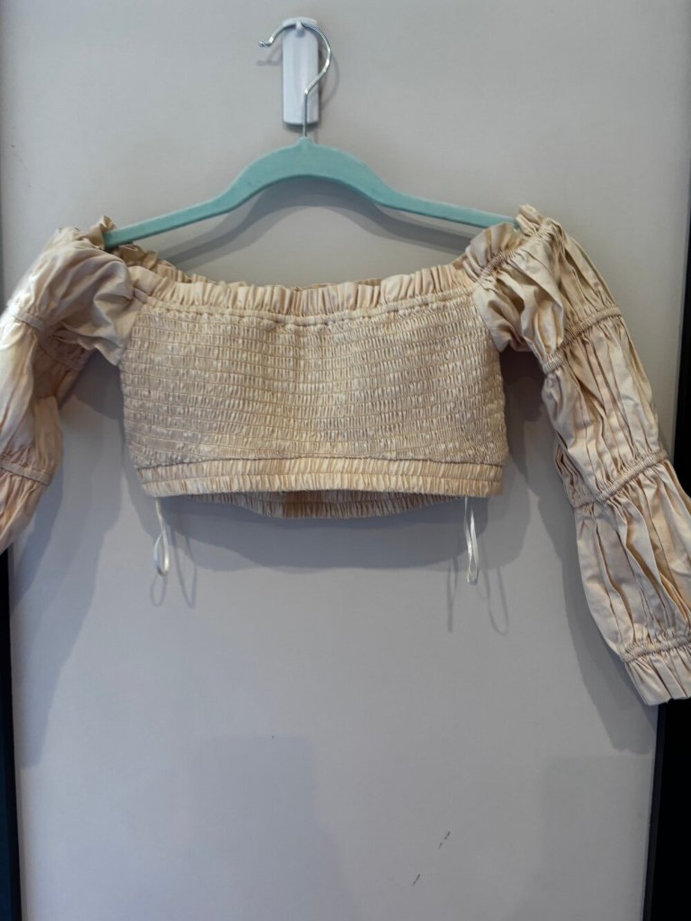 Eggie Beige Off Shoulder Ruched Crop Top, Size XS